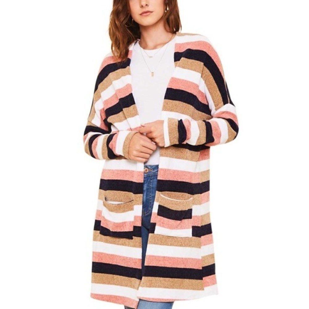 Cozy Striped Longline Cardigan w/ Pockets - Size Small